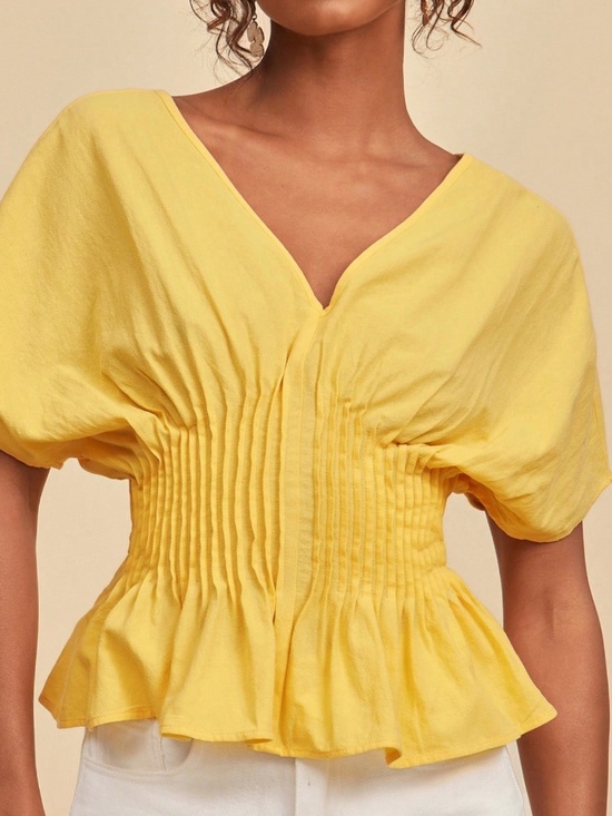 Tops - Solid V neck Pleated Batwing Sleeve Cotton Top
